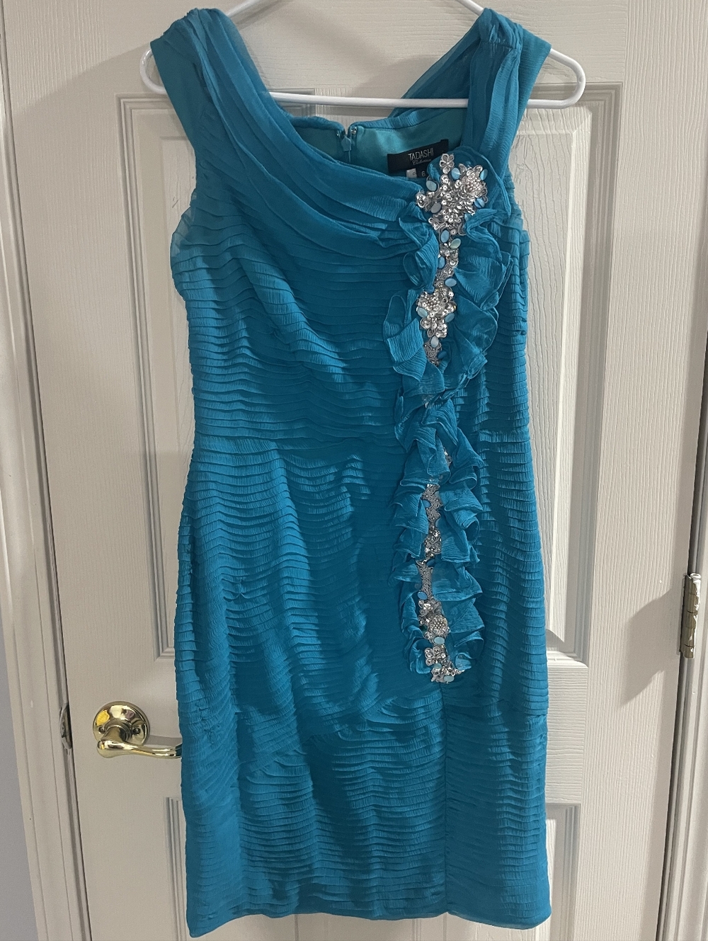 Tadashi Collection Womens Teal 100% Silk Floral Sequin Ruffle Sleeveless Dress 6